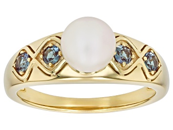 Picture of White Cultured Japanese Akoya Pearl With Lab Alexandrite 18K Gold Over Sterling Silver Ring