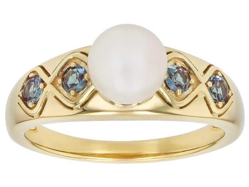 White Cultured Japanese Akoya Pearl With Lab Alexandrite 18K Gold Over Sterling Silver Ring