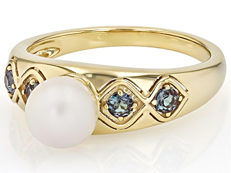 White Cultured Japanese Akoya Pearl With Lab Alexandrite 18K Gold Over Sterling Silver Ring