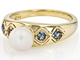 White Cultured Japanese Akoya Pearl With Lab Alexandrite 18K Gold Over Sterling Silver Ring
