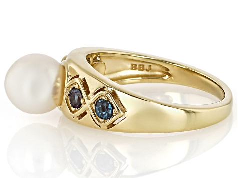 White Cultured Japanese Akoya Pearl With Lab Alexandrite 18K Gold Over Sterling Silver Ring