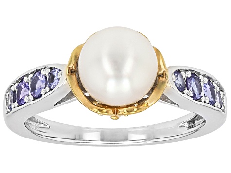 White Cultured Japanese Akoya Pearl With Tanzanite Rhodium And 18K Gold Over Sterling Silver Ring