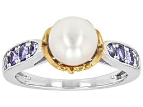 White Cultured Japanese Akoya Pearl With Tanzanite Rhodium And 18K Gold Over Sterling Silver Ring
