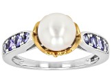White Cultured Japanese Akoya Pearl With Tanzanite Rhodium And 18K Gold Over Sterling Silver Ring