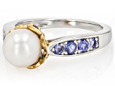 White Cultured Japanese Akoya Pearl With Tanzanite Rhodium And 18K Gold Over Sterling Silver Ring