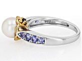 White Cultured Japanese Akoya Pearl With Tanzanite Rhodium And 18K Gold Over Sterling Silver Ring