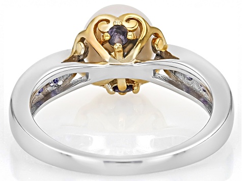 White Cultured Japanese Akoya Pearl With Tanzanite Rhodium And 18K Gold Over Sterling Silver Ring