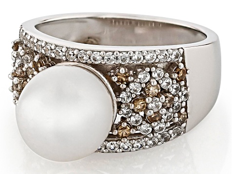 White Cultured Freshwater Pearl With Champagne Diamond and White Zircon Rhodium Over Silver Ring