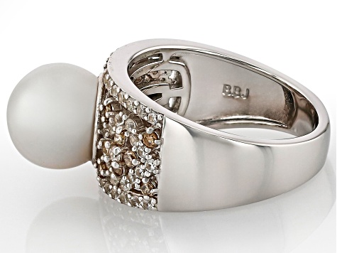 White Cultured Freshwater Pearl With Champagne Diamond and White Zircon Rhodium Over Silver Ring