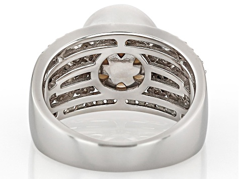White Cultured Freshwater Pearl With Champagne Diamond and White Zircon Rhodium Over Silver Ring