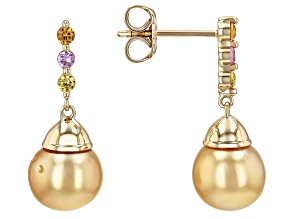 Golden Cultured South Sea Pearl With Multi Color Sapphire 14K Yellow Gold Earrings