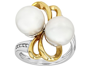Picture of White Cultured Freshwater Pearl With White Zircon Rhodium & 18k Gold Over Sterling Silver Ring