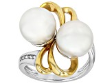 White Cultured Freshwater Pearl With White Zircon Rhodium & 18k Gold Over Sterling Silver Ring