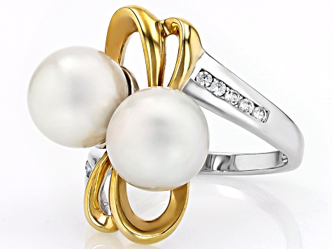 White Cultured Freshwater Pearl With White Zircon Rhodium & 18k Gold Over Sterling Silver Ring