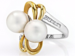 White Cultured Freshwater Pearl With White Zircon Rhodium & 18k Gold Over Sterling Silver Ring