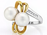 White Cultured Freshwater Pearl With White Zircon Rhodium & 18k Gold Over Sterling Silver Ring