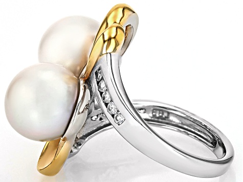 White Cultured Freshwater Pearl With White Zircon Rhodium & 18k Gold Over Sterling Silver Ring