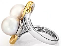 White Cultured Freshwater Pearl With White Zircon Rhodium & 18k Gold Over Sterling Silver Ring