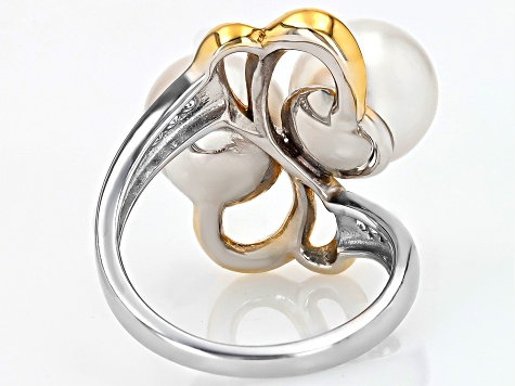 White Cultured Freshwater Pearl With White Zircon Rhodium & 18k Gold Over Sterling Silver Ring
