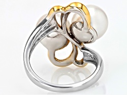 White Cultured Freshwater Pearl With White Zircon Rhodium & 18k Gold Over Sterling Silver Ring