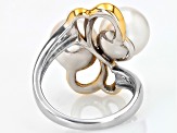 White Cultured Freshwater Pearl With White Zircon Rhodium & 18k Gold Over Sterling Silver Ring