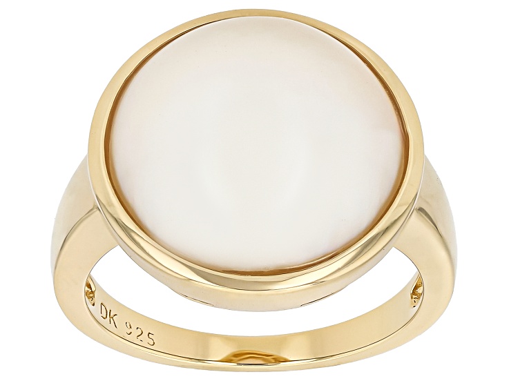 White Cultured South Sea Mabe Pearl 18K Yellow Gold Over Sterling Silver Ring