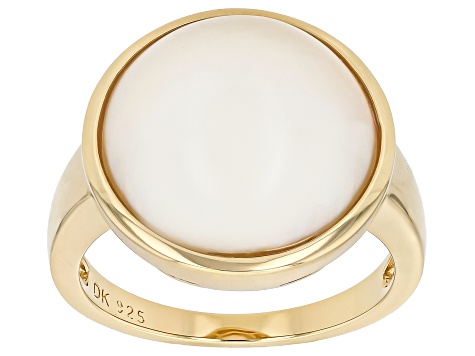 White Cultured South Sea Mabe Pearl 18K Yellow Gold Over Sterling Silver Ring