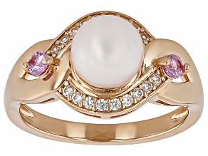 White Cultured Japanese Akoya Pearl With Pink Sapphire & White Zircon 18K Rose Gold Over Silver Ring