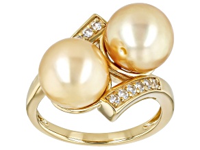 Golden Cultured South Sea Pearl With Zircon 18K Yellow Gold Over Sterling Silver Ring