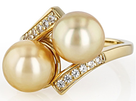 Golden Cultured South Sea Pearl With Zircon 18K Yellow Gold Over Sterling Silver Ring