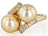 Golden Cultured South Sea Pearl With Zircon 18K Yellow Gold Over Sterling Silver Ring