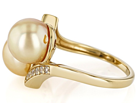 Golden Cultured South Sea Pearl With Zircon 18K Yellow Gold Over Sterling Silver Ring