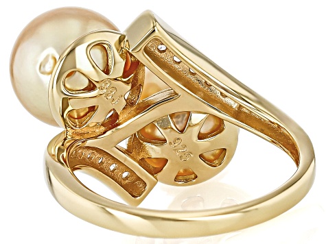 Golden Cultured South Sea Pearl With Zircon 18K Yellow Gold Over Sterling Silver Ring