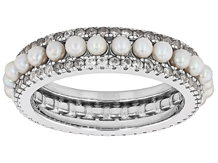 White Cultured Freshwater Pearl With White Zircon Rhodium Over