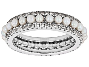 White Cultured Freshwater Pearl With White Zircon Rhodium Over Sterling Silver Eternity Ring
