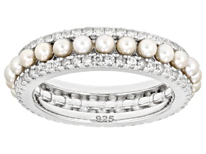 White Cultured Freshwater Pearl With White Zircon Rhodium Over Sterling Silver Eternity Ring