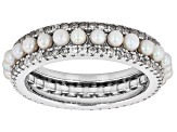 White Cultured Freshwater Bitsy Pearl With Zircon Rhodium Over Sterling Silver Eternity Ring