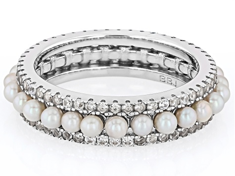 White Cultured Freshwater Bitsy Pearl With Zircon Rhodium Over Sterling Silver Eternity Ring