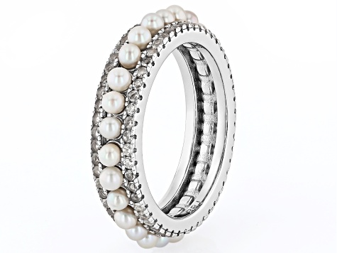 White Cultured Freshwater Bitsy Pearl With Zircon Rhodium Over Sterling Silver Eternity Ring