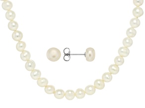White Cultured Freshwater Pearl Rhodium Over Sterling Silver Necklace And Earring Set