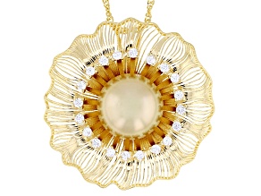 Golden Cultured South Sea Pearl With White Zircon 18K Yellow Gold Over Silver Pendant With Chain