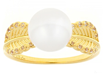 Picture of White Cultured Freshwater Pearl With Topaz 18K Yellow Gold Over Sterling Silver Ring