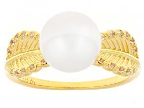 White Cultured Freshwater Pearl With Topaz 18K Yellow Gold Over Sterling Silver Ring