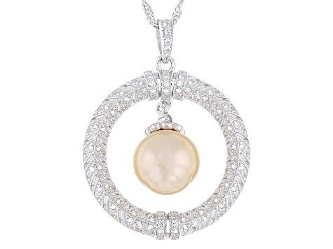 Golden Cultured South Sea Pearl With Topaz Rhodium Over Sterling Silver Pendant With Chain