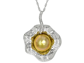 Golden Cultured South Sea Pearl With White Topaz Rhodium Over Sterling Silver Pendant With Chain