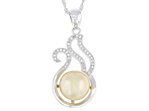 Golden Cultured South Sea Pearl With Topaz Rhodium Over Sterling Silver Pendant With Chain