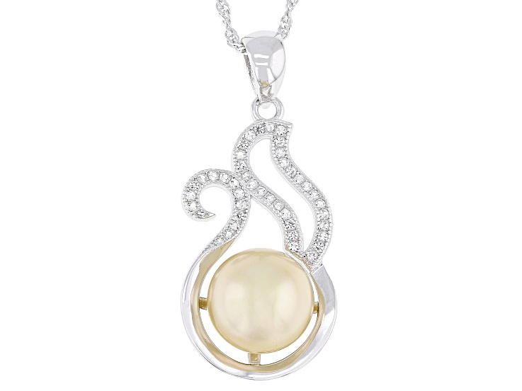 Golden Cultured South Sea Pearl With Topaz Rhodium Over Sterling Silver Pendant With Chain