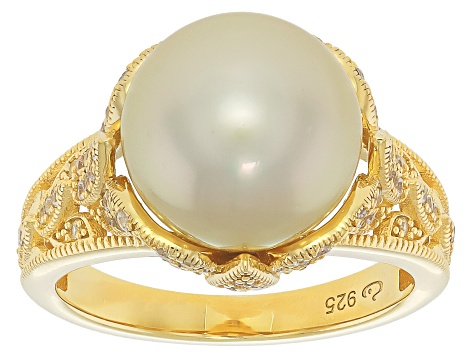 Golden Cultured South Sea Pearl With White Zircon 18K Yellow Gold Over Sterling Silver Ring