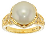 Golden Cultured South Sea Pearl With White Zircon 18K Yellow Gold Over Sterling Silver Ring