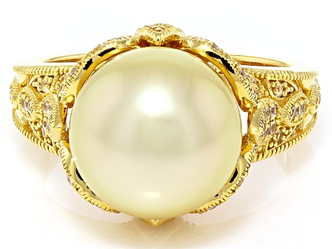 Golden Cultured South Sea Pearl With White Zircon 18K Yellow Gold Over Sterling Silver Ring